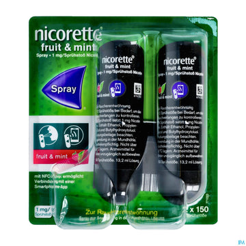 Nicorette Spray 1mg/spruehstoss Z.anw.i.d.mundhoehle lösung Fruit &amp; Mint Nfc 2st 2 ST – Packungsbild