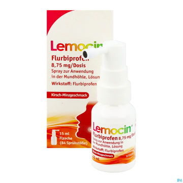 Lemocin Flurbiprofen Spray Z.anw.i.d.mundhoehle Lösung 8,75mg/dosis Kirsche/minze 15ml 15 ML – Packungsbild