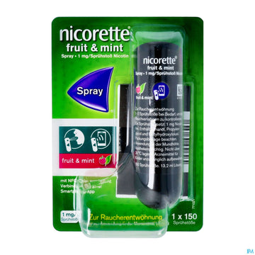 Nicorette Spray 1mg/spruehstoss Z.anw.i.d.mundhoehle lösung Fruit &amp; Mint Nfc 1st 1 ST – Packungsbild