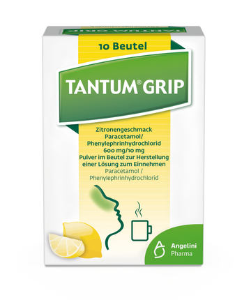 Tantum® Grip Zitronengeschmack Paracetamol/Phenylephrinhydrochlorid 600 mg/10 mg Pulver im Beutel zur Herstellung einer Lösung zum Einnehmen 10 ST – Packungsbild