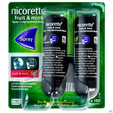 Nicorette Spray 1mg/spruehstoss Z.anw.i.d.mundhoehle lösung Fruit &amp; Mint Nfc 2st 2 ST – Packungsbild