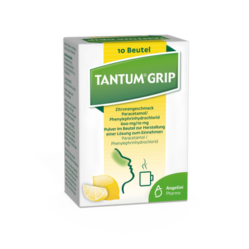 Tantum® Grip Zitronengeschmack Paracetamol/Phenylephrinhydrochlorid 600 mg/10 mg Pulver im Beutel zur Herstellung einer Lösung zum Einnehmen 10 ST – Packungsbild